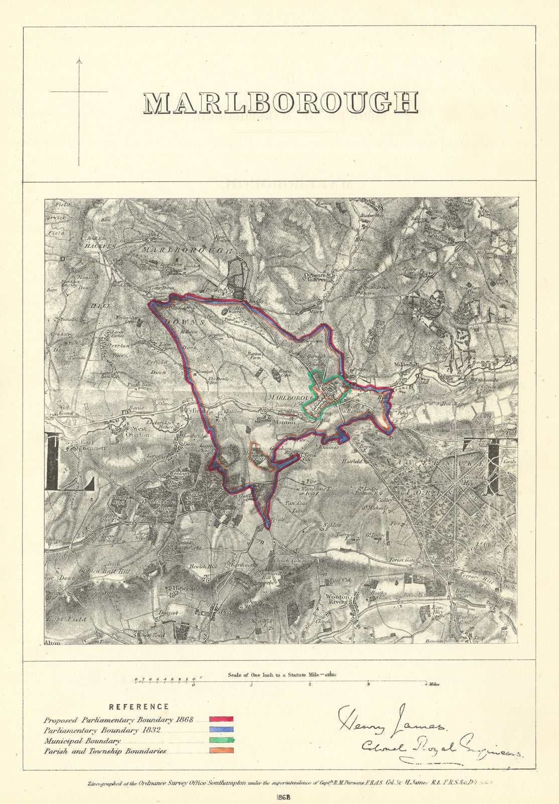 Marlborough, Wiltshire. JAMES. Parliamentary Boundary Commission 1868 old map